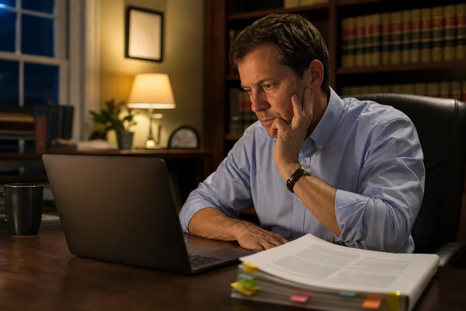 Solo attorney at a home office desk with a laptop and a printed court opinion marked with tabs