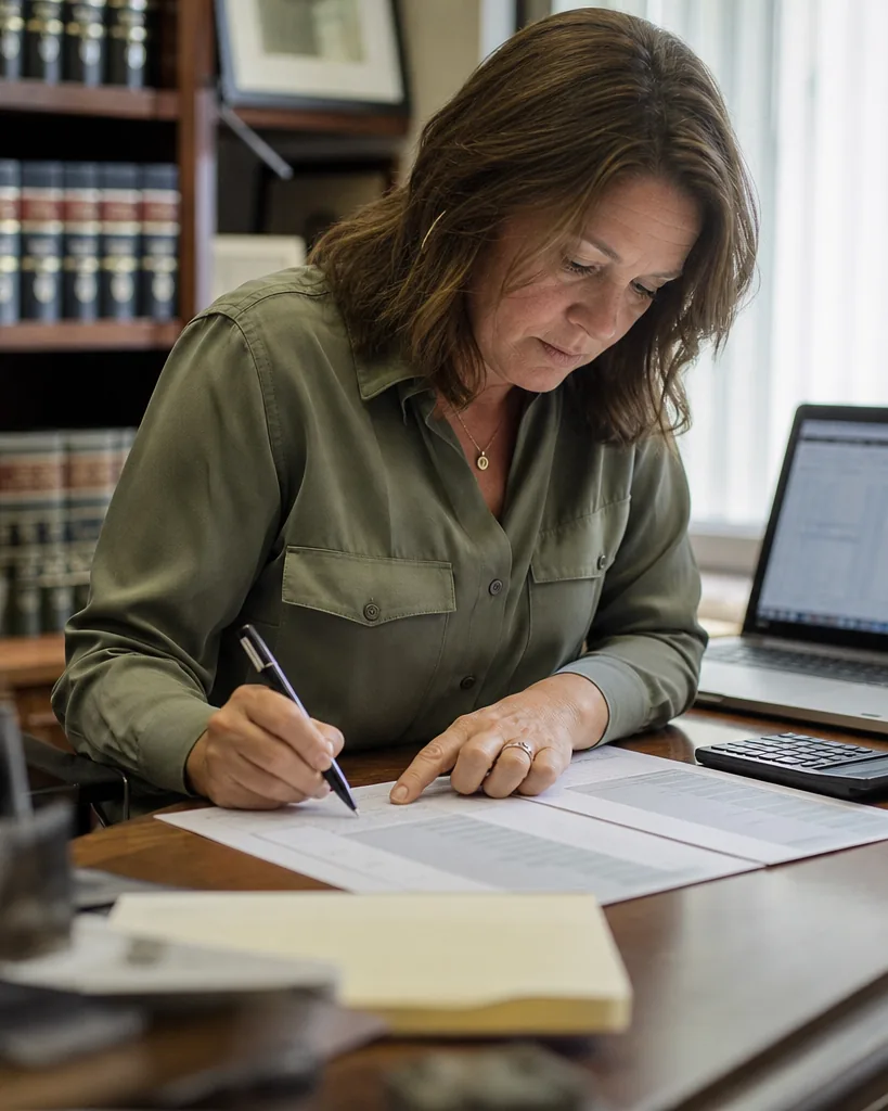 Attorney at an office desk comparing two printed software quotes with a calculator and a laptop