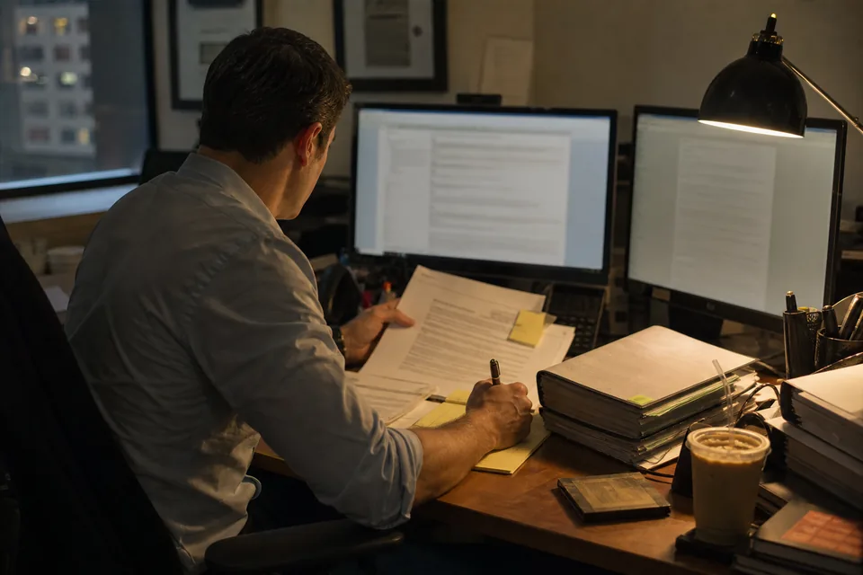 Litigation attorney at a cluttered desk in the evening comparing two legal research tools on two monitors next to a printed quote