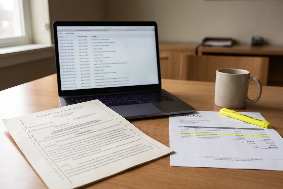 Litigation desk with a federal docket sheet printout, a laptop showing a docket list and a monthly invoice