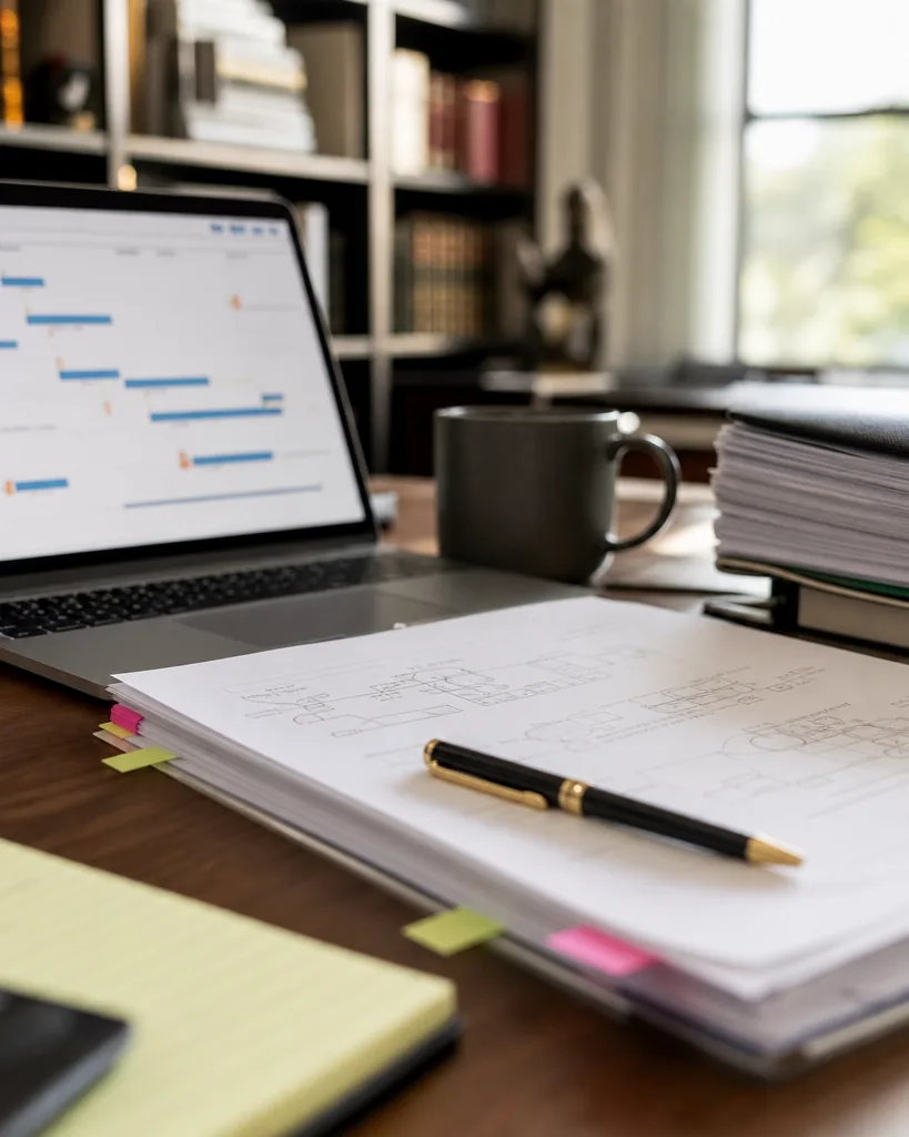 Patent litigation desk with a printed patent drawing and a laptop showing case timeline charts