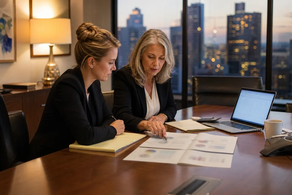 Managing partner and associate comparing two printed legal AI vendor proposals at a conference table