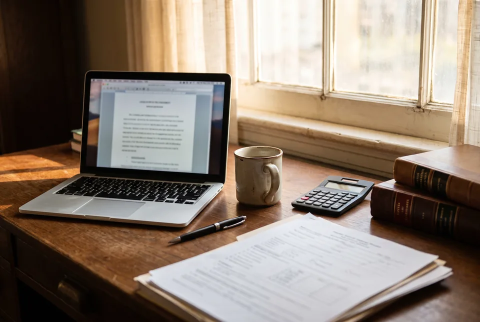 Solo attorney desk with a laptop, a subscription order form and a calculator